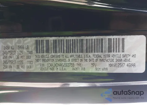 2019 Jeep Wrangler Unlimited Sport S 4X4 z USA, uszkodzony, nr VIN 1C4HJXDN4KW563759